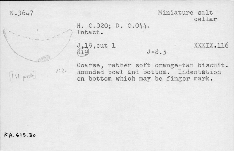 Index card with typed and handwritten information, sometimes including a sketch, of pottery from an excavation.