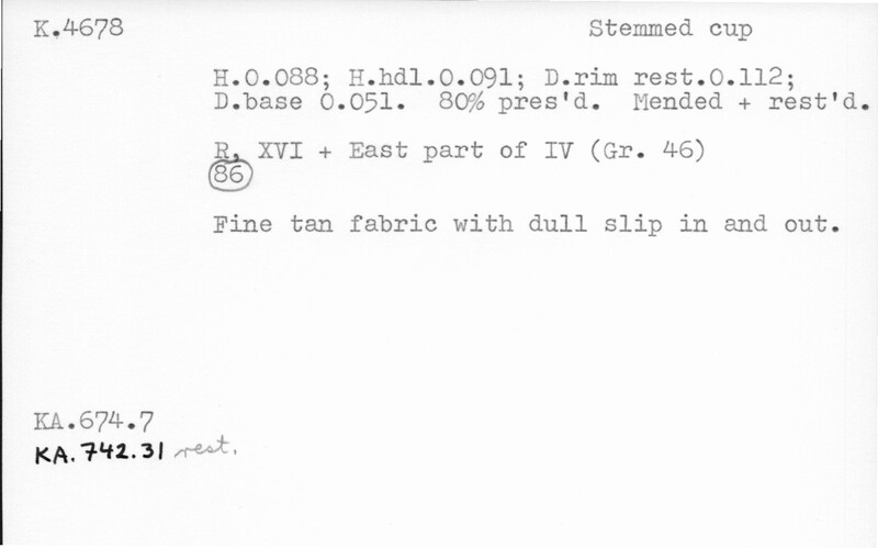 Index card with typed and handwritten information, sometimes including a sketch, of pottery from an excavation.
