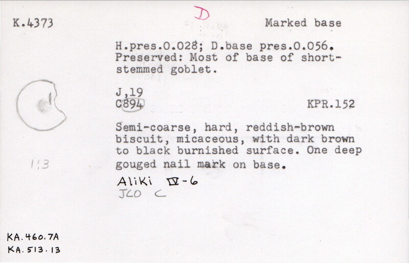 Index card with typed and handwritten information, sometimes including a sketch, of pottery from an excavation.