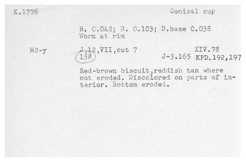 Index card with typed and handwritten information, sometimes including a sketch, of pottery from an excavation.