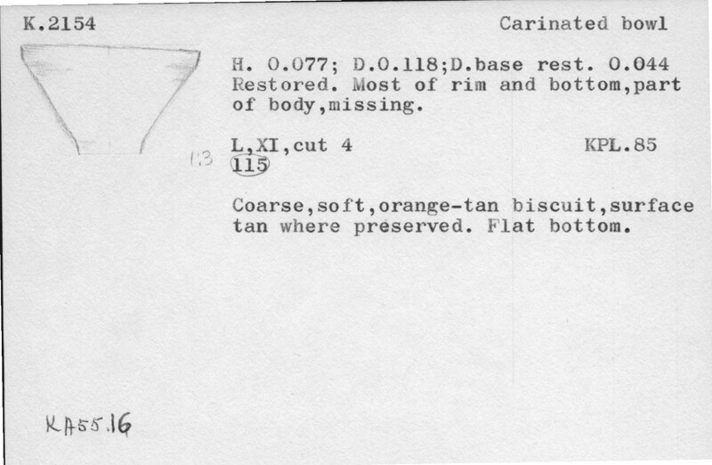Index card with typed and handwritten information, sometimes including a sketch, of pottery from an excavation.