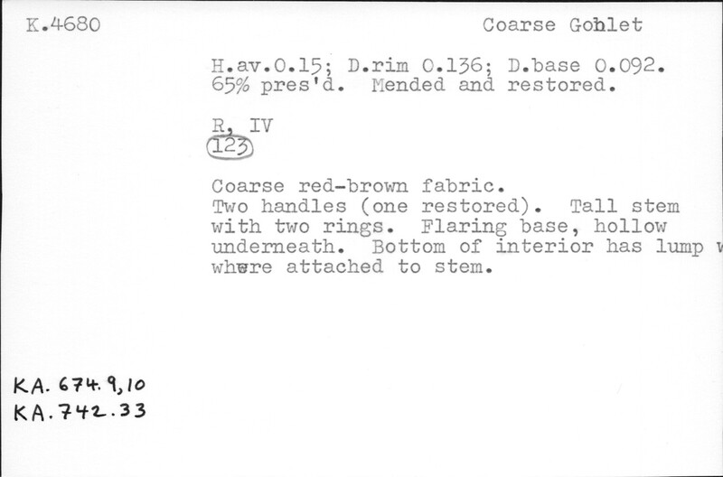 Index card with typed and handwritten information, sometimes including a sketch, of pottery from an excavation.