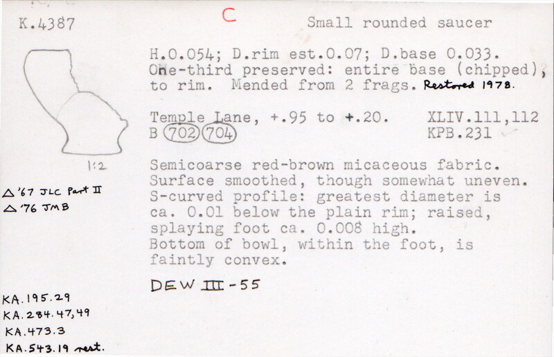 Index card with typed and handwritten information, sometimes including a sketch, of pottery from an excavation.