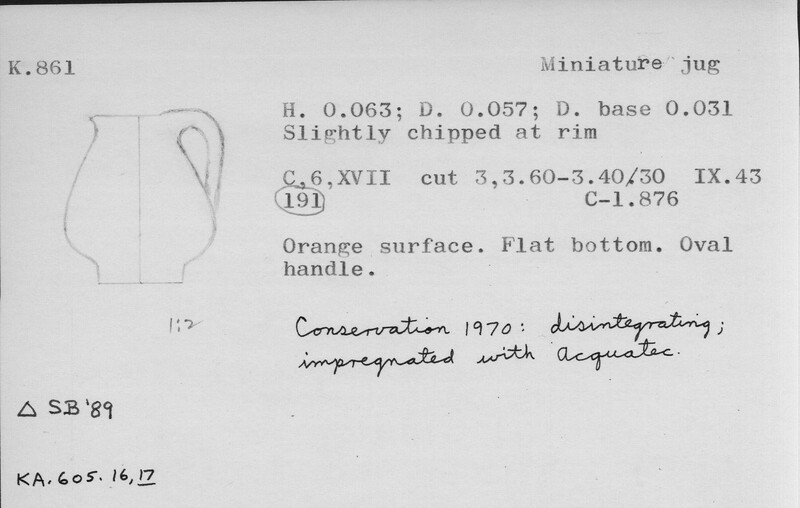 Index card with typed and handwritten information, sometimes including a sketch, of pottery from an excavation.