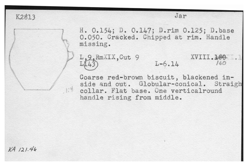 Index card with typed and handwritten information, sometimes including a sketch, of pottery from an excavation.