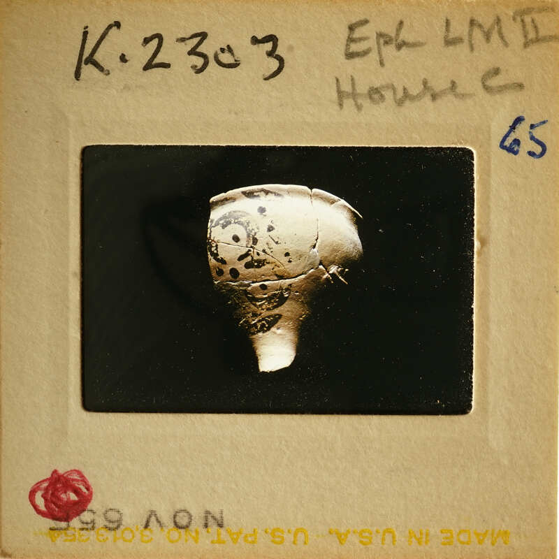 Ancient artifact with intricate designs, possibly an amulet or pendant, photographed on a slide.