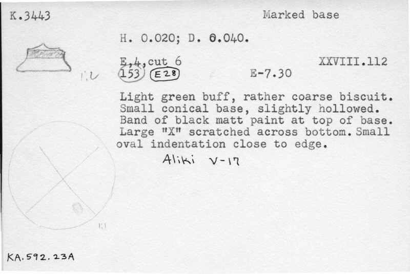 Index card with typed and handwritten information, sometimes including a sketch, of pottery from an excavation.