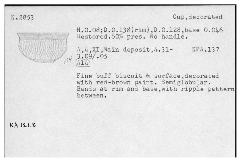 Index card with typed and handwritten information, sometimes including a sketch, of pottery from an excavation.
