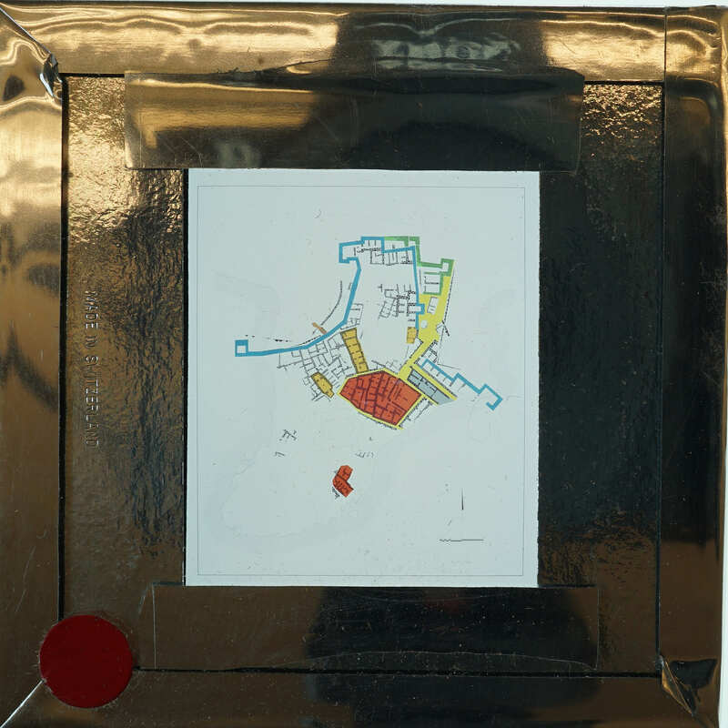 Inked plan of Ayia Irini with some areas highlighted in colors, no leged available.