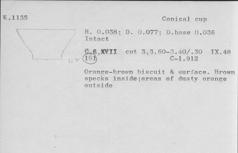 Index card with typed and handwritten information, sometimes including a sketch, of pottery from an excavation.
