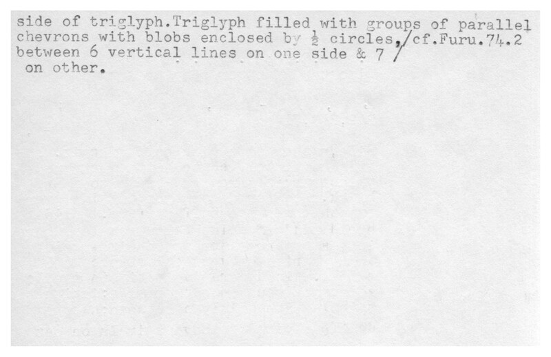 Index card with typed and handwritten information, sometimes including a sketch, of pottery from an excavation.