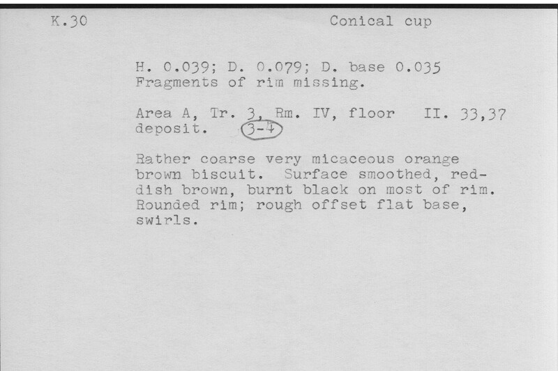 Index card with typed and handwritten information, sometimes including a sketch, of pottery from an excavation.