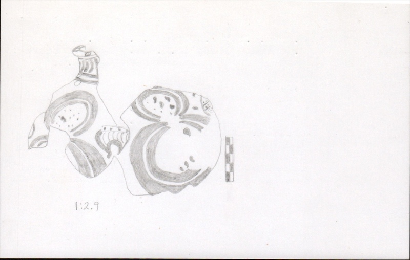 Index card with typed and handwritten information, sometimes including a sketch, of pottery from an excavation.