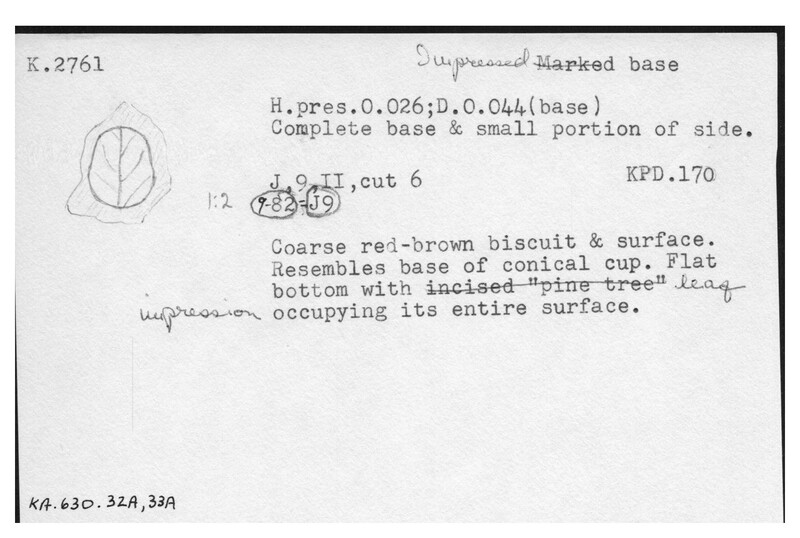 Index card with typed and handwritten information, sometimes including a sketch, of pottery from an excavation.