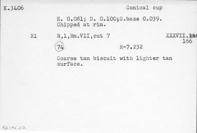 Index card with typed and handwritten information, sometimes including a sketch, of pottery from an excavation.