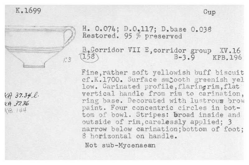 Index card with typed and handwritten information, sometimes including a sketch, of pottery from an excavation.