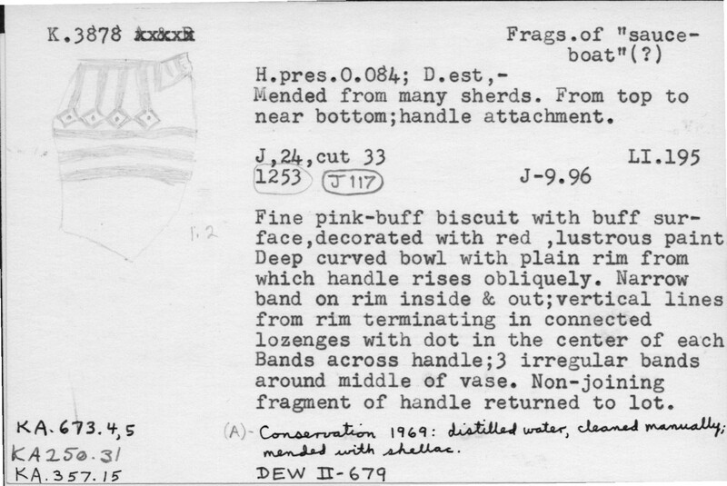 Index card with typed and handwritten information, sometimes including a sketch, of pottery from an excavation.