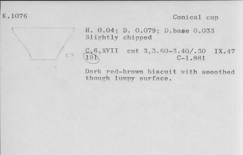 Index card with typed and handwritten information, sometimes including a sketch, of pottery from an excavation.