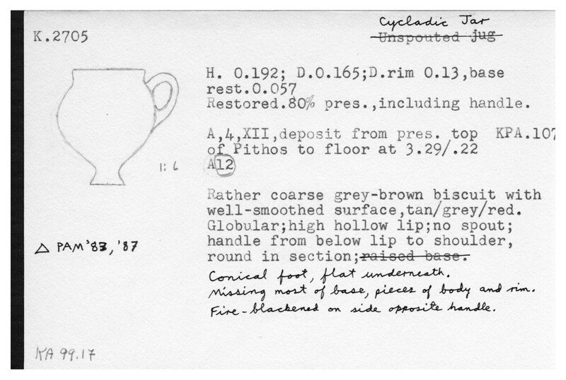 Index card with typed and handwritten information, sometimes including a sketch, of pottery from an excavation.