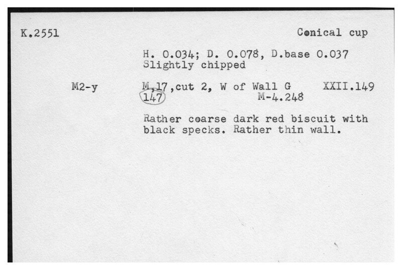 Index card with typed and handwritten information, sometimes including a sketch, of pottery from an excavation.
