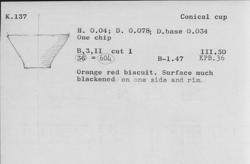 Index card with typed and handwritten information, sometimes including a sketch, of pottery from an excavation.