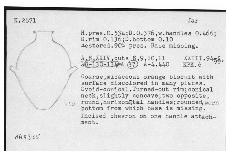 Index card with typed and handwritten information, sometimes including a sketch, of pottery from an excavation.