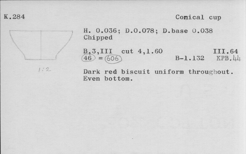 Index card with typed and handwritten information, sometimes including a sketch, of pottery from an excavation.