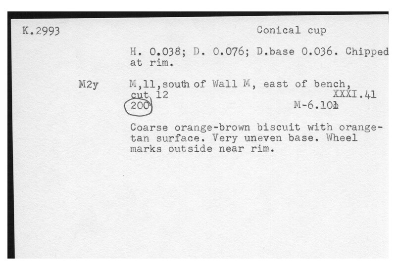 Index card with typed and handwritten information, sometimes including a sketch, of pottery from an excavation.