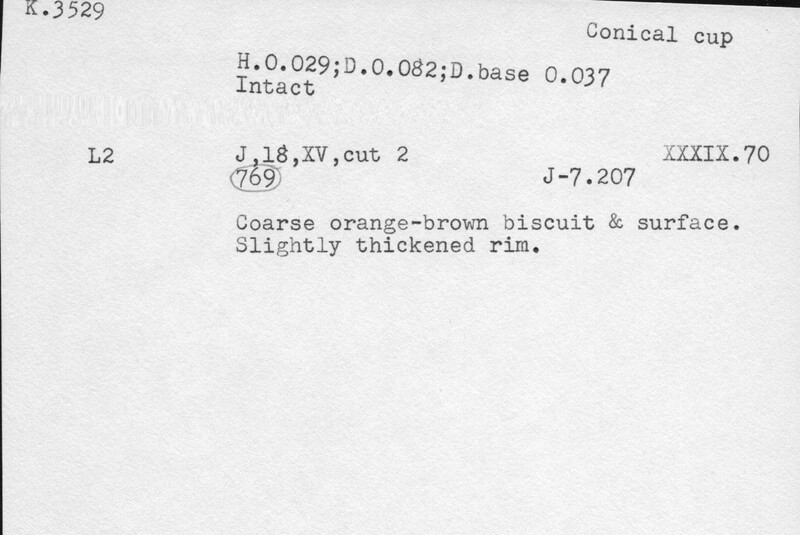 Index card with typed and handwritten information, sometimes including a sketch, of pottery from an excavation.