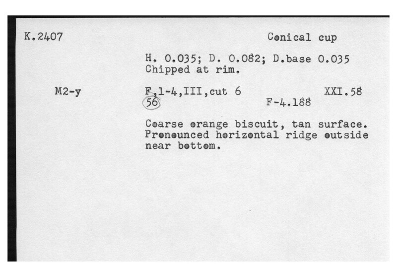 Index card with typed and handwritten information, sometimes including a sketch, of pottery from an excavation.