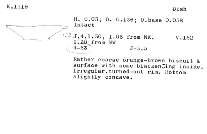 Index card with typed and handwritten information, sometimes including a sketch, of pottery from an excavation.