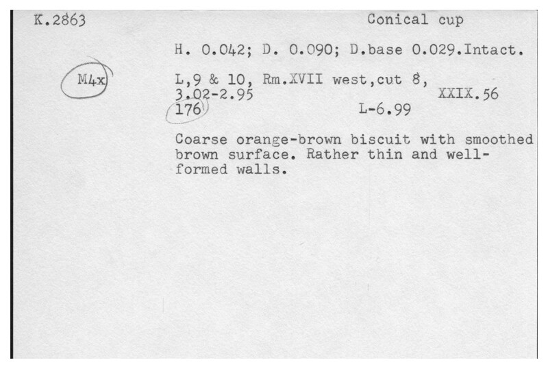 Index card with typed and handwritten information, sometimes including a sketch, of pottery from an excavation.