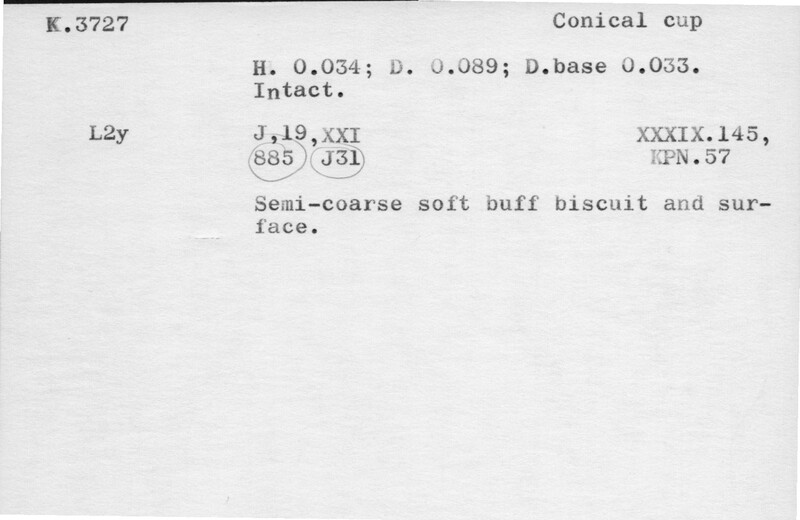Index card with typed and handwritten information, sometimes including a sketch, of pottery from an excavation.