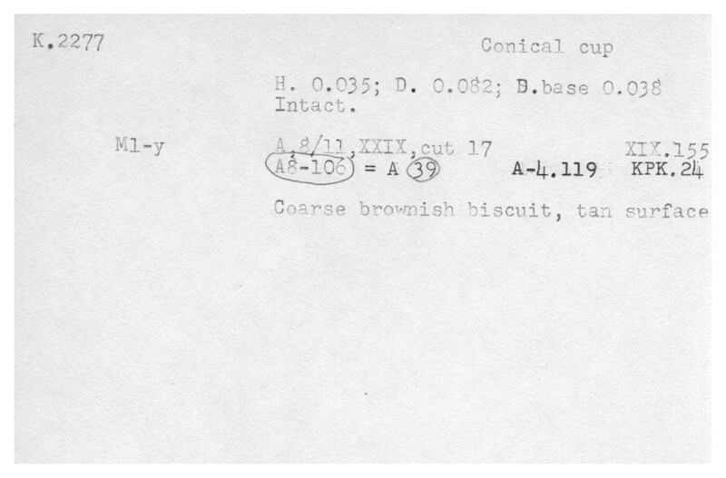 Index card with typed and handwritten information, sometimes including a sketch, of pottery from an excavation.