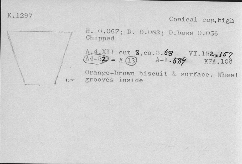 Index card with typed and handwritten information, sometimes including a sketch, of pottery from an excavation.