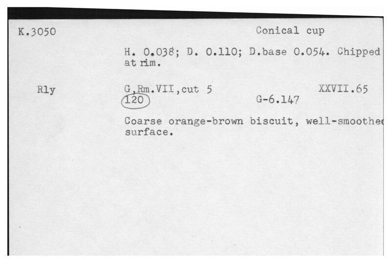 Index card with typed and handwritten information, sometimes including a sketch, of pottery from an excavation.