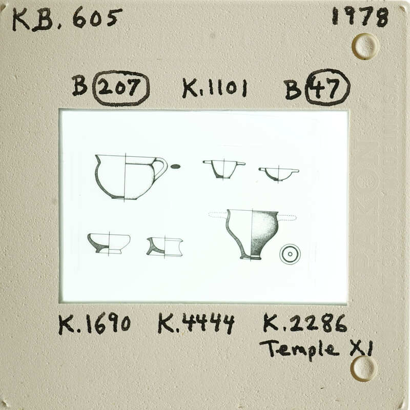 Technical pottery drawings of six pots on one page.