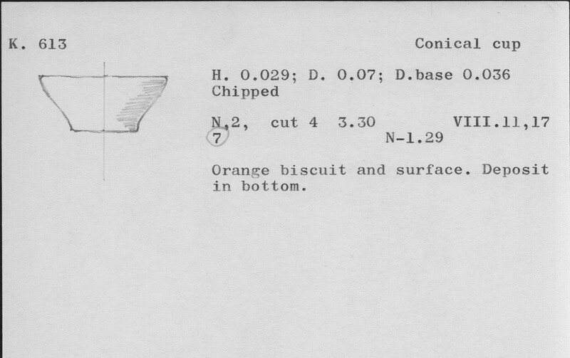 Index card with typed and handwritten information, sometimes including a sketch, of pottery from an excavation.