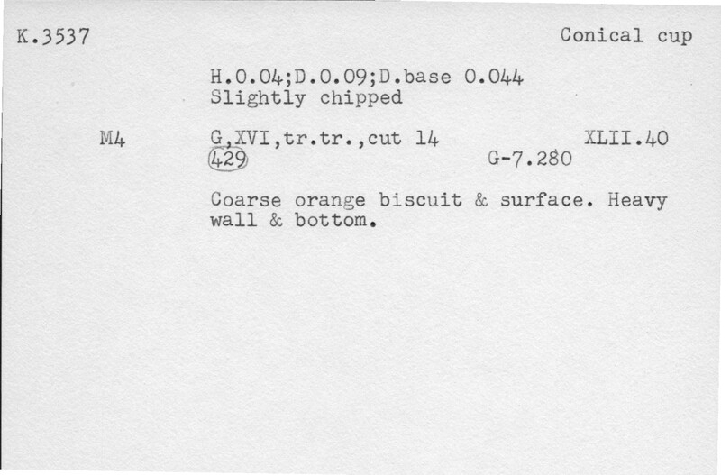 Index card with typed and handwritten information, sometimes including a sketch, of pottery from an excavation.