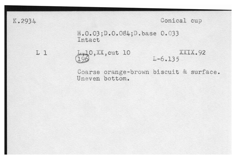Index card with typed and handwritten information, sometimes including a sketch, of pottery from an excavation.