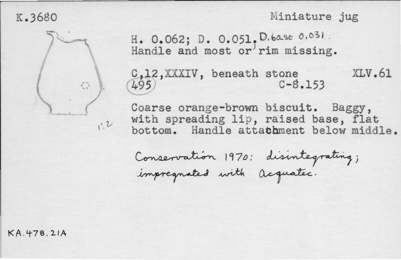 Index card with typed and handwritten information, sometimes including a sketch, of pottery from an excavation.