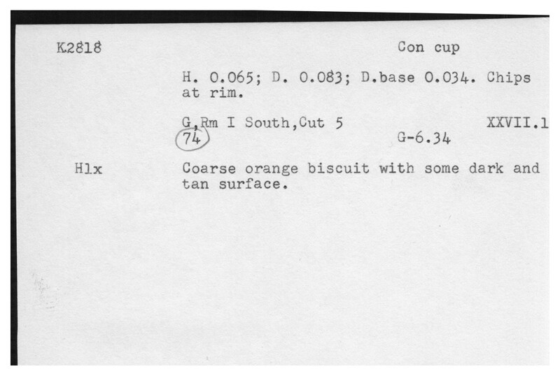 Index card with typed and handwritten information, sometimes including a sketch, of pottery from an excavation.