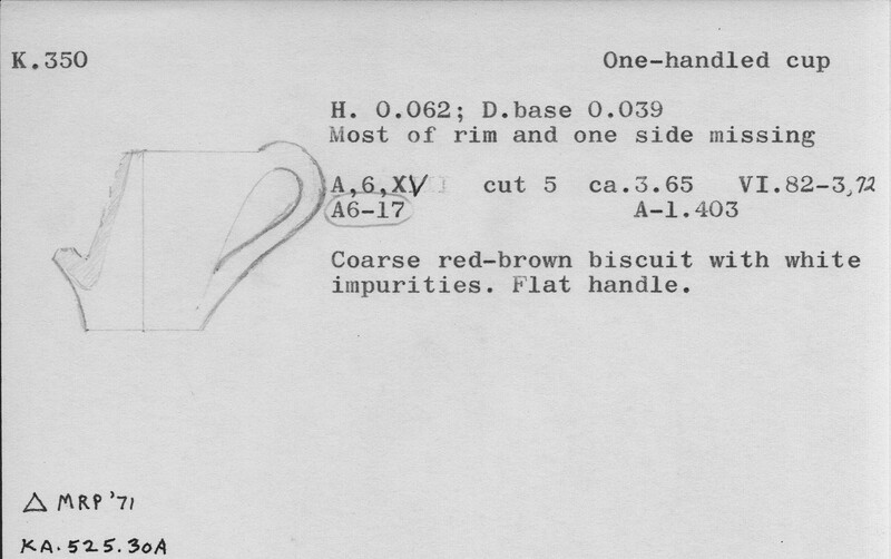 Index card with typed and handwritten information, sometimes including a sketch, of pottery from an excavation.