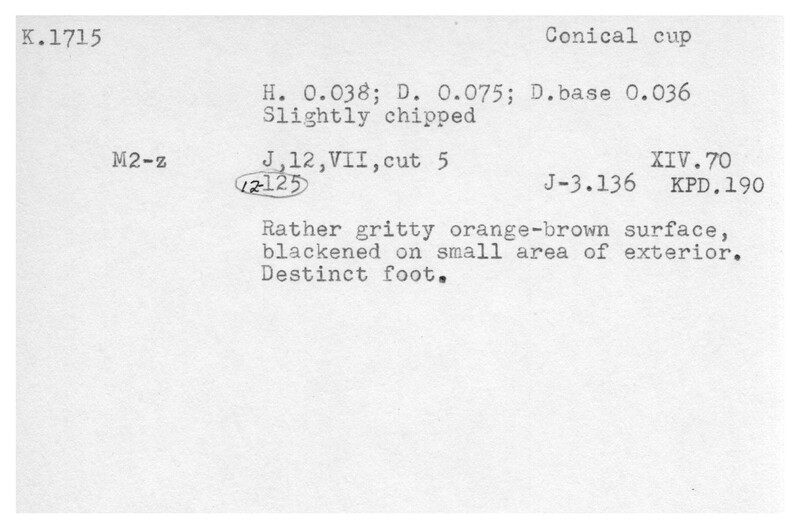 Index card with typed and handwritten information, sometimes including a sketch, of pottery from an excavation.
