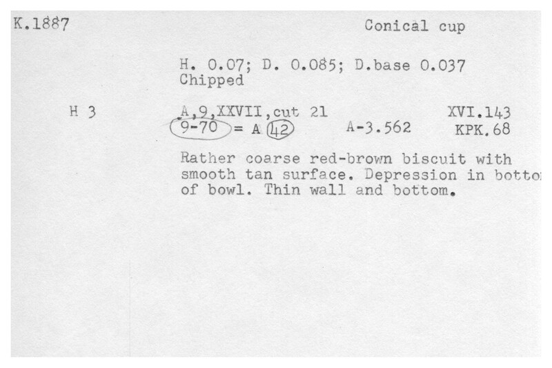 Index card with typed and handwritten information, sometimes including a sketch, of pottery from an excavation.
