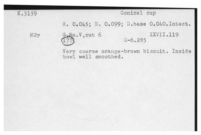 Index card with typed and handwritten information, sometimes including a sketch, of pottery from an excavation.