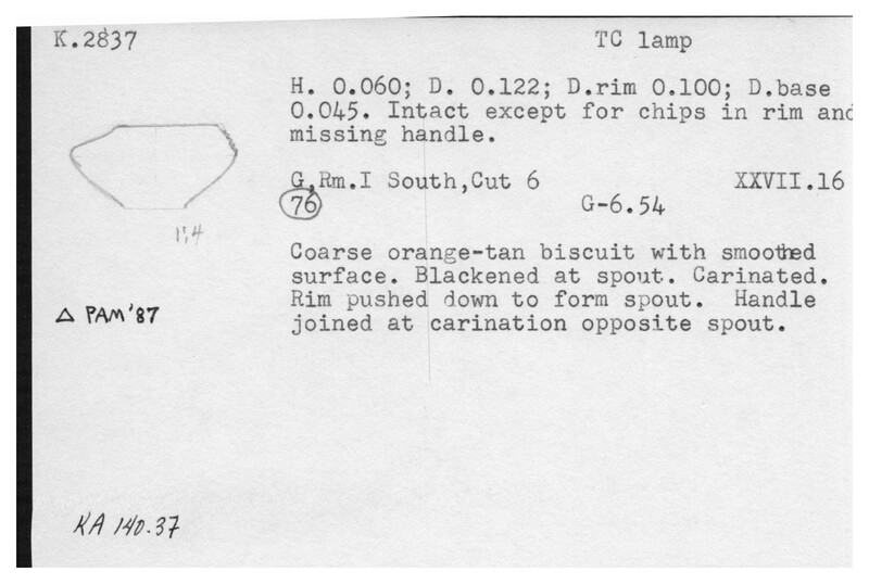 Index card with typed and handwritten information, sometimes including a sketch, of pottery from an excavation.