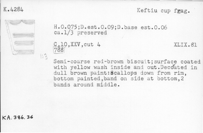 Index card with typed and handwritten information, sometimes including a sketch, of pottery from an excavation.