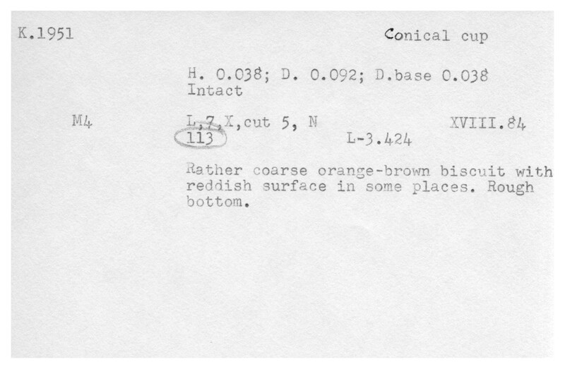 Index card with typed and handwritten information, sometimes including a sketch, of pottery from an excavation.