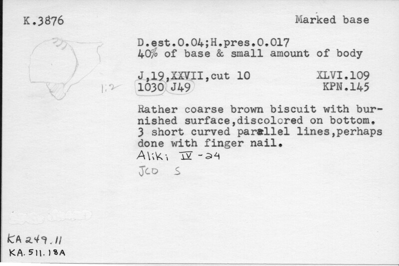 Index card with typed and handwritten information, sometimes including a sketch, of pottery from an excavation.